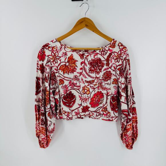 Nicole Miller Linen Blend Blouse Small Boho Floral Print Long Sleeve Top Small - Picture 6 of 6